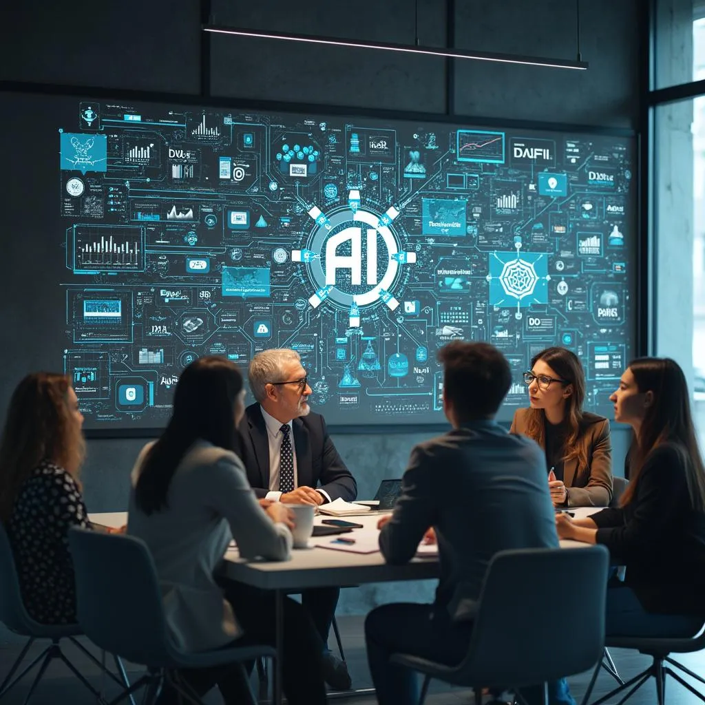 Equipo de consultores usando IA para brainstorming estratégico