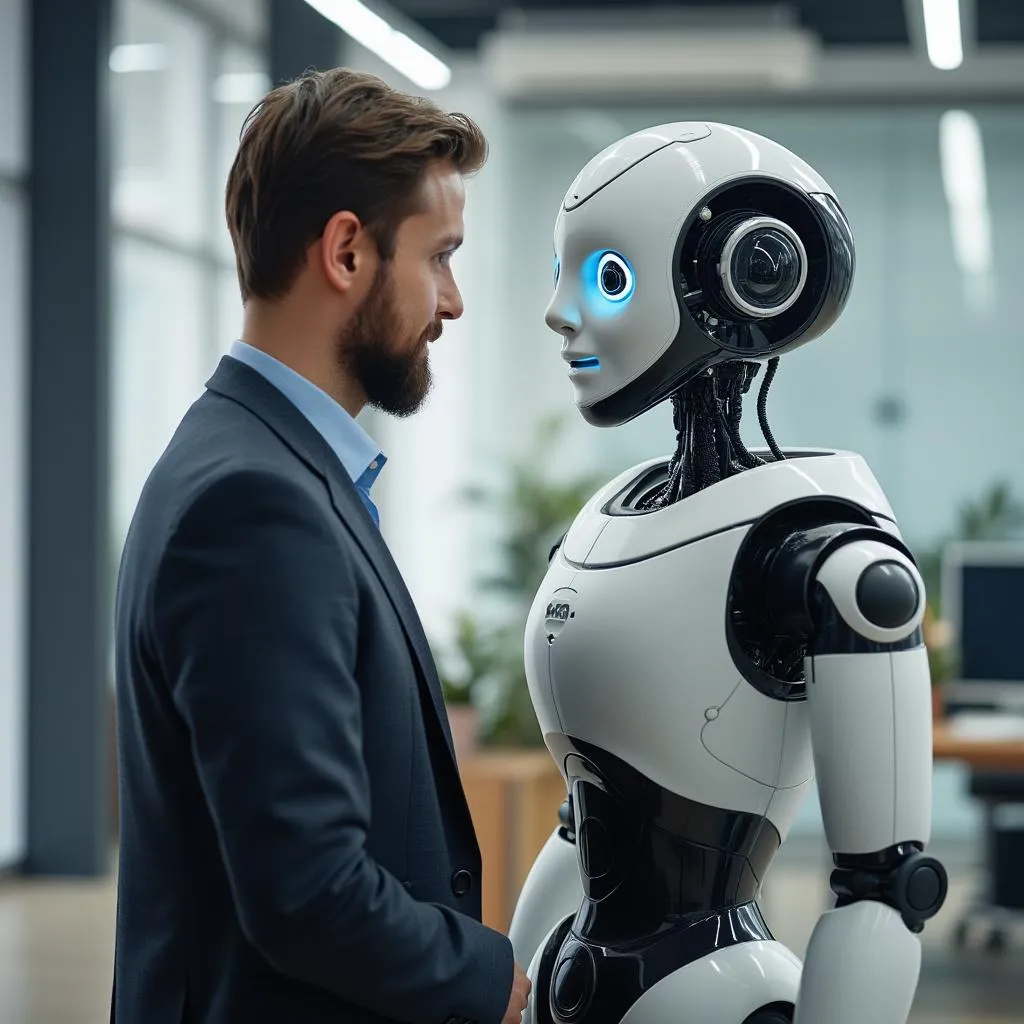 Consultor colaborando con un robot asistente de IA en oficina