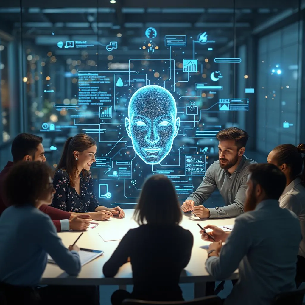 Equipo discutiendo estrategias de IA con tecnología avanzada